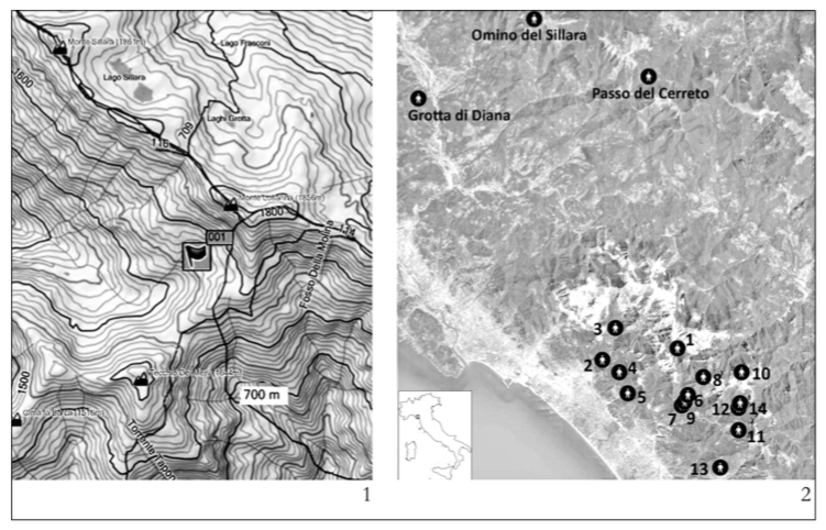 Fig. 3: 1) Mappa altimetrica con segnalazione del petroglifo (elab. R. Castagna); 2) province di Massa Carrara e Lucca, tra Alta Versilia e Camaiorese: cartina degli antropomorfi (elab. M. Foti)