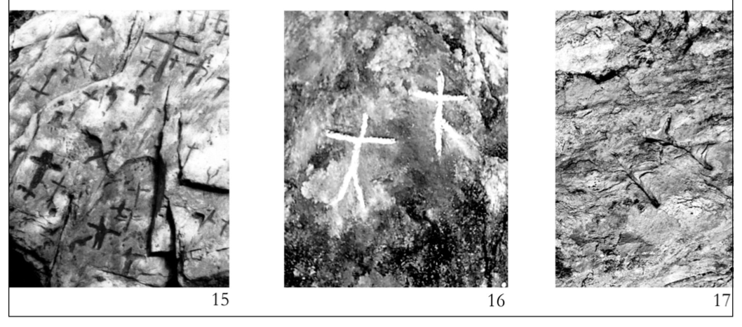 Fig. 4: 3) Masso con il petroglifo Omino del Sillara (foto F.M.P. Carrera); 4) Omino del Sillara; 5) passo del Cerreto: antropomorfo (da PRIULI, PUCCI 1994); 6) Grotta di Diana (MS): tabella degli antropomorfi sulla parete nord (elab. F.M.P. Carrera); 7) Grotta di Diana (MS): antropomorfo in maestà (foto A.M. Tosatti); 8) Grotta di Diana (MS): cruciformi (foto A.M. Tosatti)
